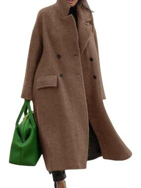 Women's Camel Winter Elegant Oversized Warm Wool Blend Long Pea Trench Coat